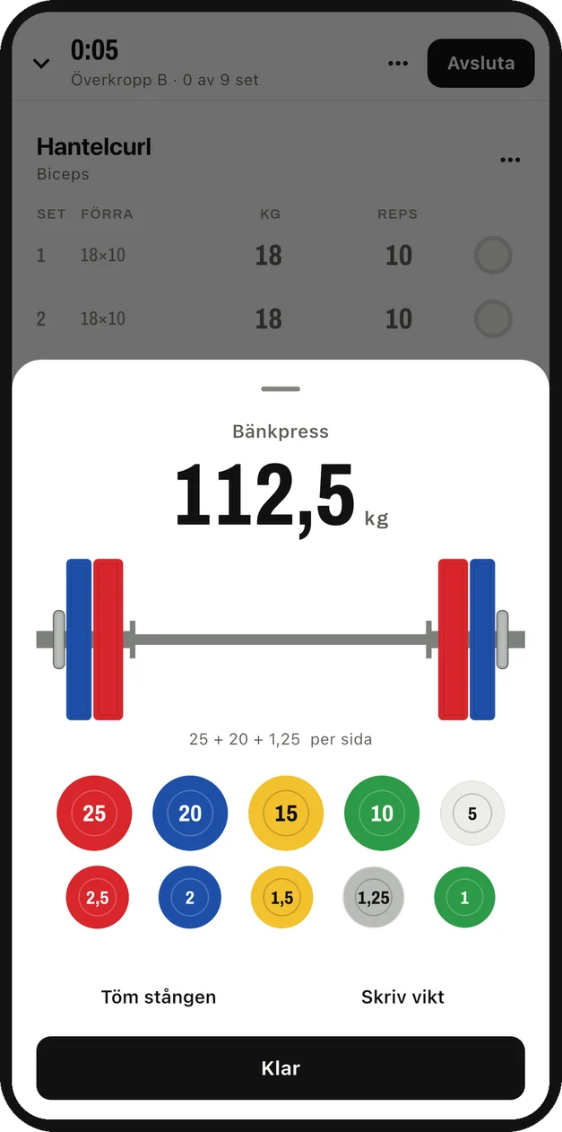 Skivkalkylatorn som visar 112,5 kg: 25 + 20 + 1,25 kg per sida